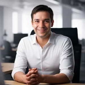 Smiling professional seated at a desk in a modern office setting