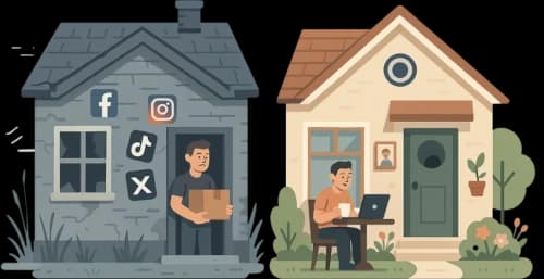 Image of two houses, the first representing poorly maintained social media and the other representing a well-maintained website.