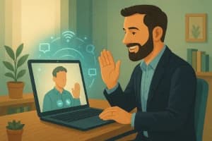 A smiling man in an office environment making a video call on a laptop and waving to the person on the screen